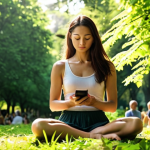 **

A serene scene depicting a woman sitting in a sunlit park, eyes closed, practicing mindfulness meditation. Lush greenery surrounds her, with a gentle breeze rustling the leaves. In the background, blurred figures are engrossed in their smartphones, contrasting with her peaceful presence. The overall mood is tranquil and emphasizes the importance of disconnecting to reconnect.

**
