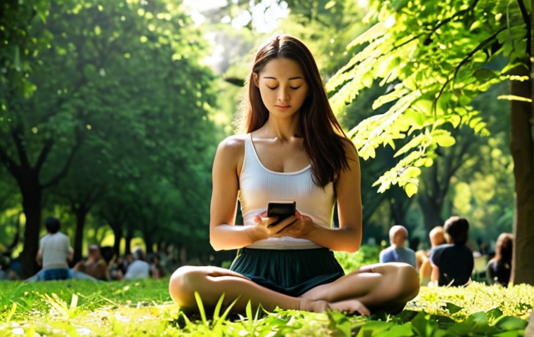 **

A serene scene depicting a woman sitting in a sunlit park, eyes closed, practicing mindfulness meditation. Lush greenery surrounds her, with a gentle breeze rustling the leaves. In the background, blurred figures are engrossed in their smartphones, contrasting with her peaceful presence. The overall mood is tranquil and emphasizes the importance of disconnecting to reconnect.

**