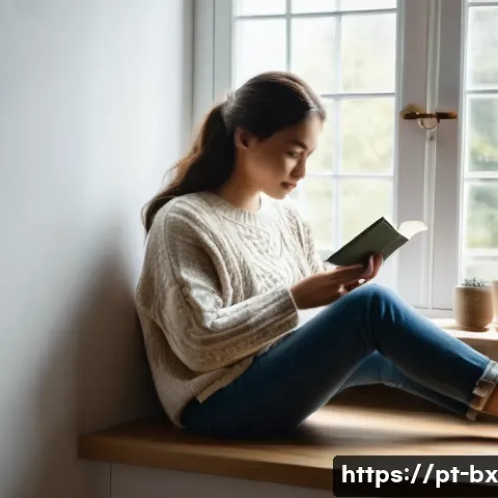 로우테크 라이프의 긍정적 영향력 발휘하기 - **Prompt:** A serene young woman, dressed in comfortable, casual clothing (such as a soft sweater an...