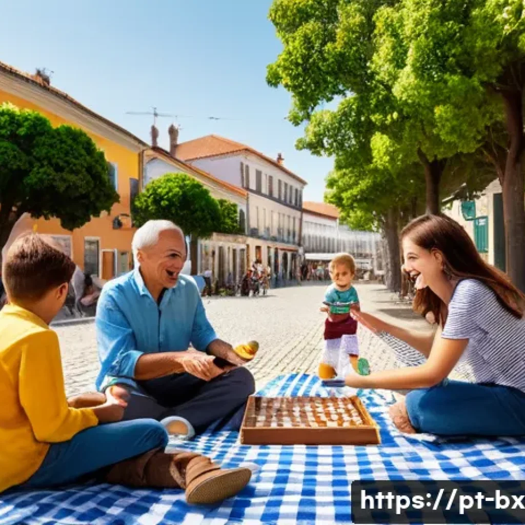 로우테크 라이프와 지역 사회의 변화 - **Prompt:** "A heartwarming scene in a charming Portuguese 'praça' (town square), bustling with peop...