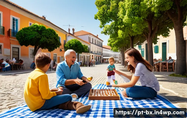 로우테크 라이프와 지역 사회의 변화 - **Prompt:** "A heartwarming scene in a charming Portuguese 'praça' (town square), bustling with peop...