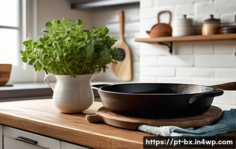 로우테크 라이프에서의 물품 구매 전략 - A cozy, sunlit kitchen scene featuring a rustic cast iron skillet on a wooden countertop, surrounded...