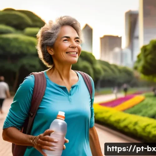 Home 32 로우테크 라이프와 기술의 진화 - A serene outdoor scene showing a middle-aged Brazilian woman taking a peaceful walk through a lush u...