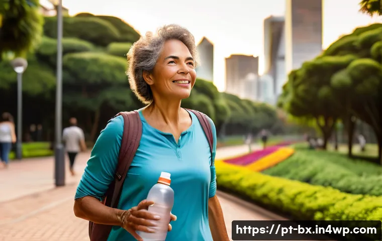 로우테크 라이프와 기술의 진화 - A serene outdoor scene showing a middle-aged Brazilian woman taking a peaceful walk through a lush u...