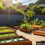 Home 19 로우테크 라이프의 역사적 배경 - A vibrant Brazilian community garden scene in a sunny urban neighborhood, showing diverse people of ...