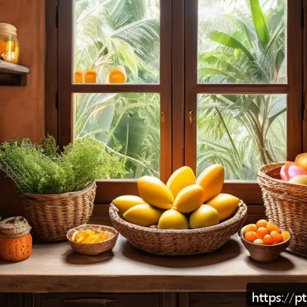 로우테크 라이프에서의 음식 준비와 보관 - A rustic kitchen scene featuring traditional natural food storage: glass jars filled with colorful p...