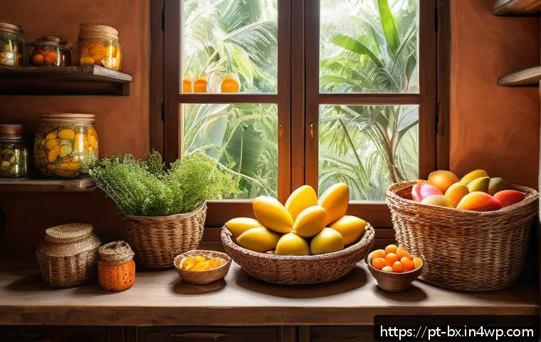 로우테크 라이프에서의 음식 준비와 보관 - A rustic kitchen scene featuring traditional natural food storage: glass jars filled with colorful p...