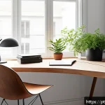 Home 23 로우테크 라이프에서의 정기적인 점검 및 계획 - A serene, minimalist home office bathed in natural daylight streaming through large windows, featuri...