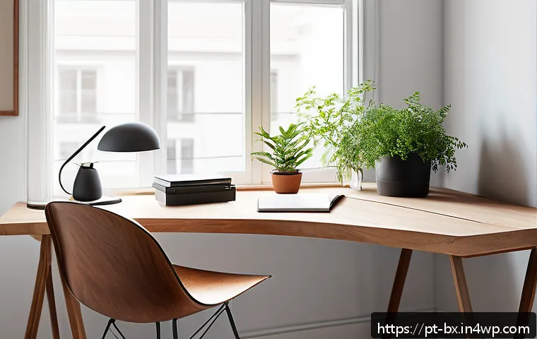 로우테크 라이프에서의 정기적인 점검 및 계획 - A serene, minimalist home office bathed in natural daylight streaming through large windows, featuri...